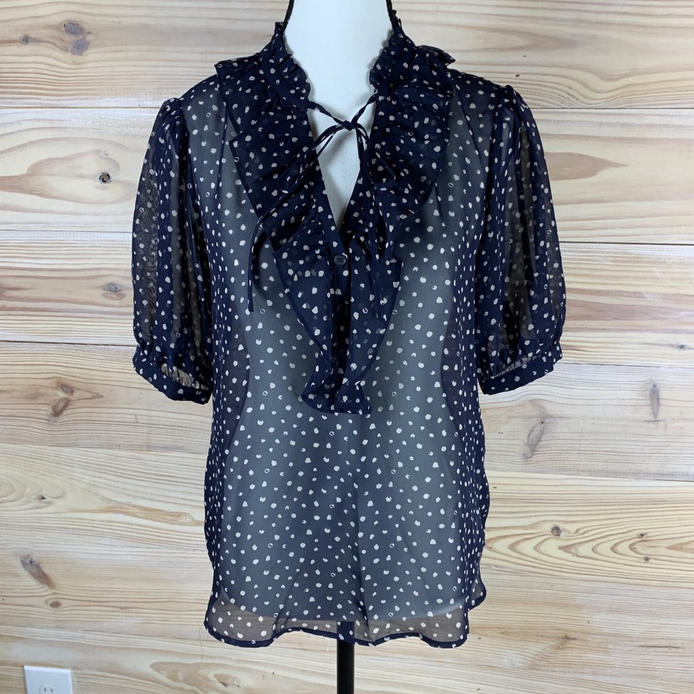 Pleione Blouse Women Small Navy Polka Dot Ruffle V-Neck Sheer Tie Front